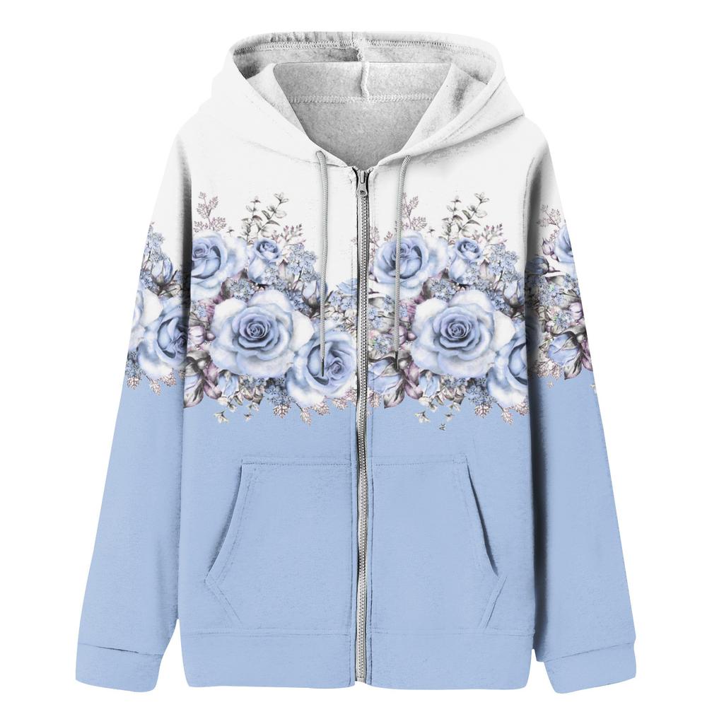 Женские толстовки на молнии для девочек-подростков, свитшот с цветочным принтом, одежда, повседневная куртка на шнурке с карманами