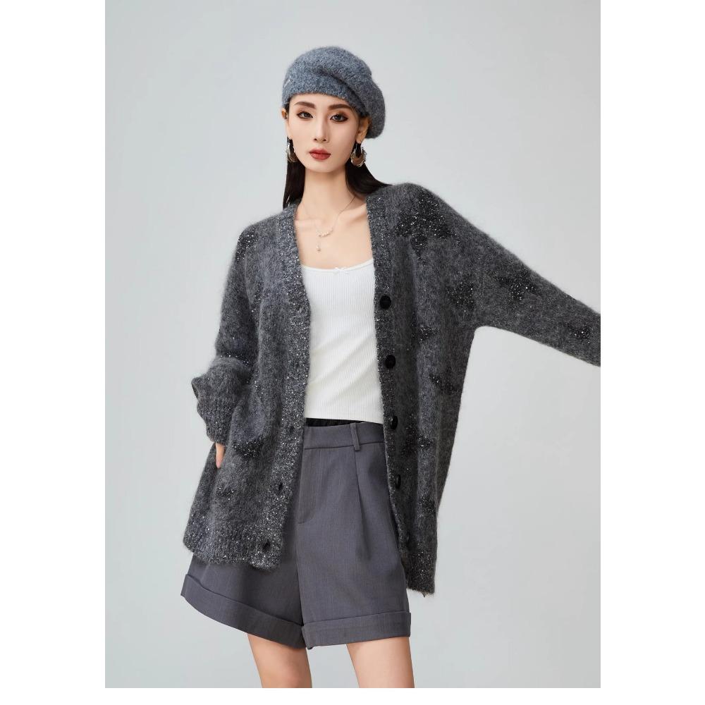 Dimanaf Свитера Кардиган Женский Узор Звезды Принт Пуговицы Свитера Вязание Свободный Свитер Осень 2025