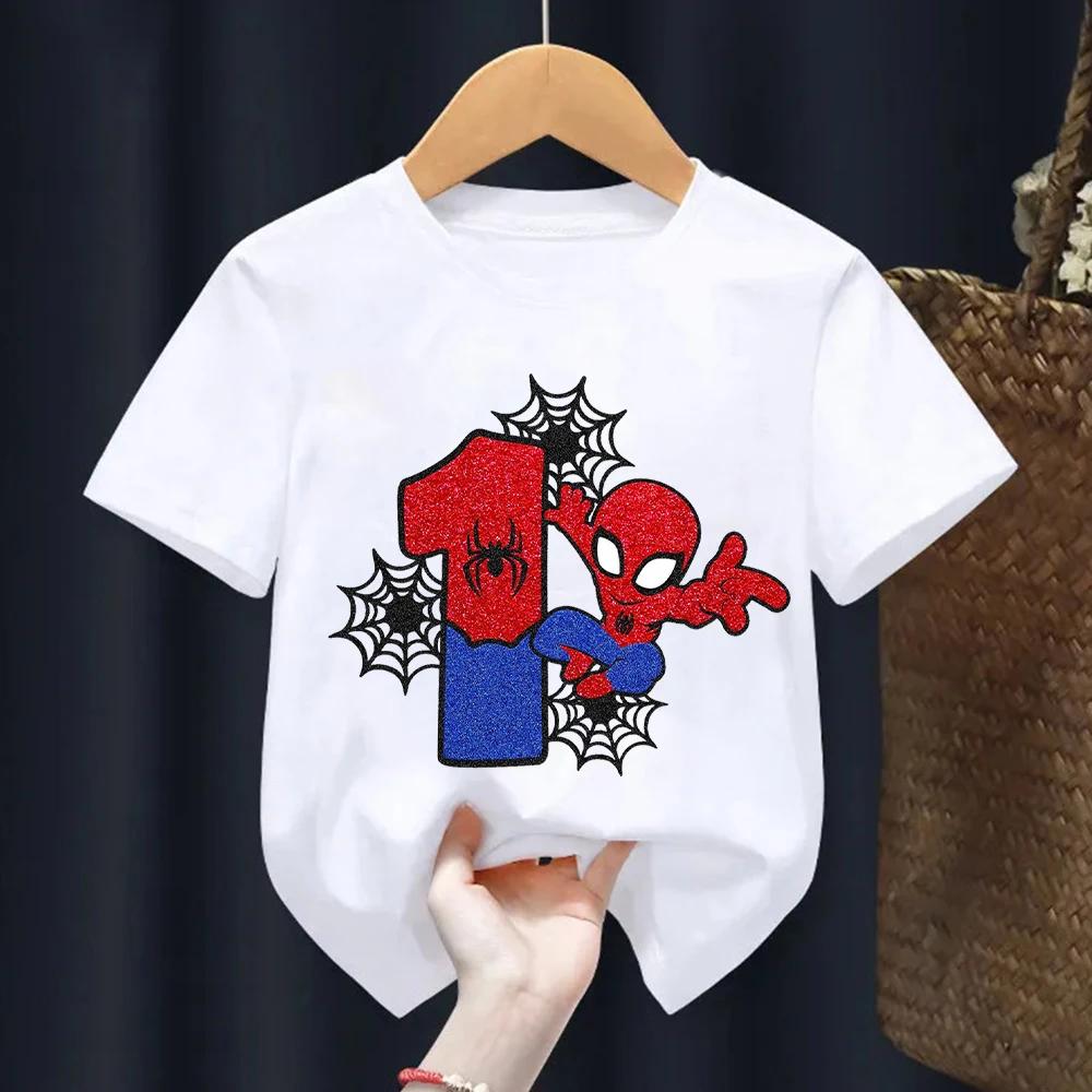 Spiderman Cartoon T-shirt for Kids Cute Birthday Number Printed Short Sleeve Summer Top for Boys And Girls