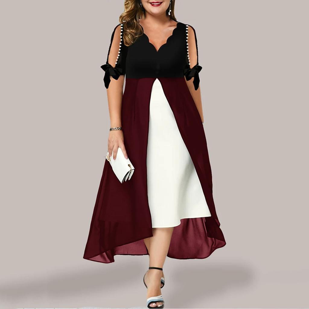 Women Plus Size 3/4 Sleeves V Neck Chiffon Panel Contrast Cocktail Semi Formal Play Dress