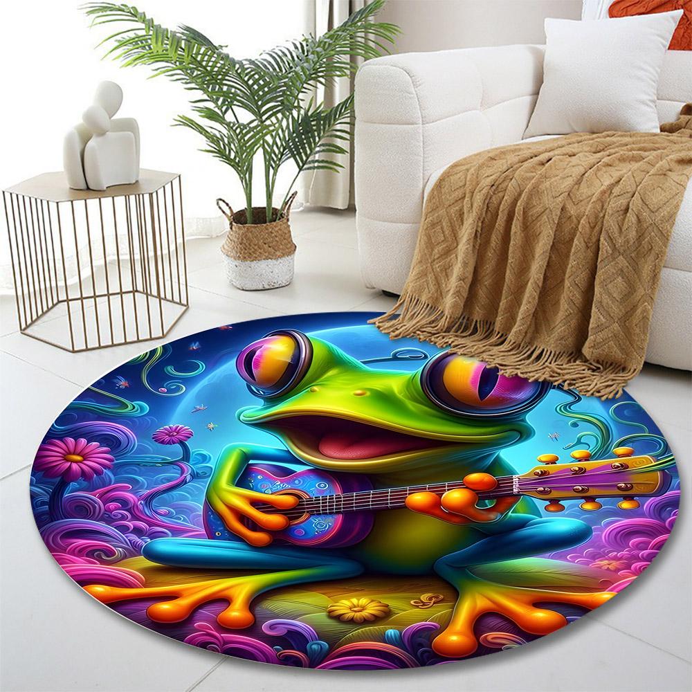 Colorful Frog Playing Guitar Print round rug, living room, bedroom, playroom carpet, non slip floor mat, gift