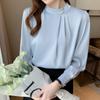Elegant Solid Office Ladies Satin Casual Shirt Women Long Sleeve Tops Stand Collar Beading White Blouses Women Korean Style Slim Simple Blouse 26070