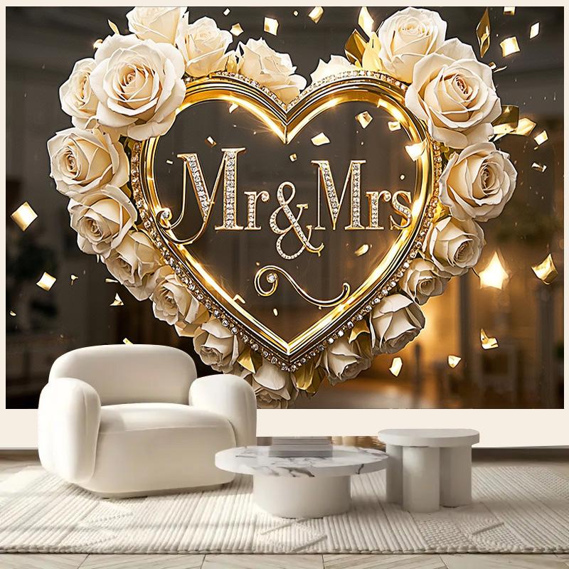 1 шт. Свадебный фон Mr&Mrs с белыми розами и золотыми сердцами, настенный декор для фотосъемки, вечеринки, плаката на день рождения, годовщину для улицы и помещения