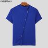 INCERUN Летние мужские повседневные футболки с воротником-стойкой и короткими рукавами с боковыми пуговицами в рубчик