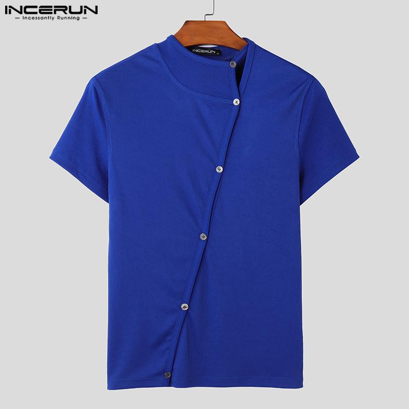 INCERUN Летние мужские повседневные футболки с воротником-стойкой и короткими рукавами с боковыми пуговицами в рубчик