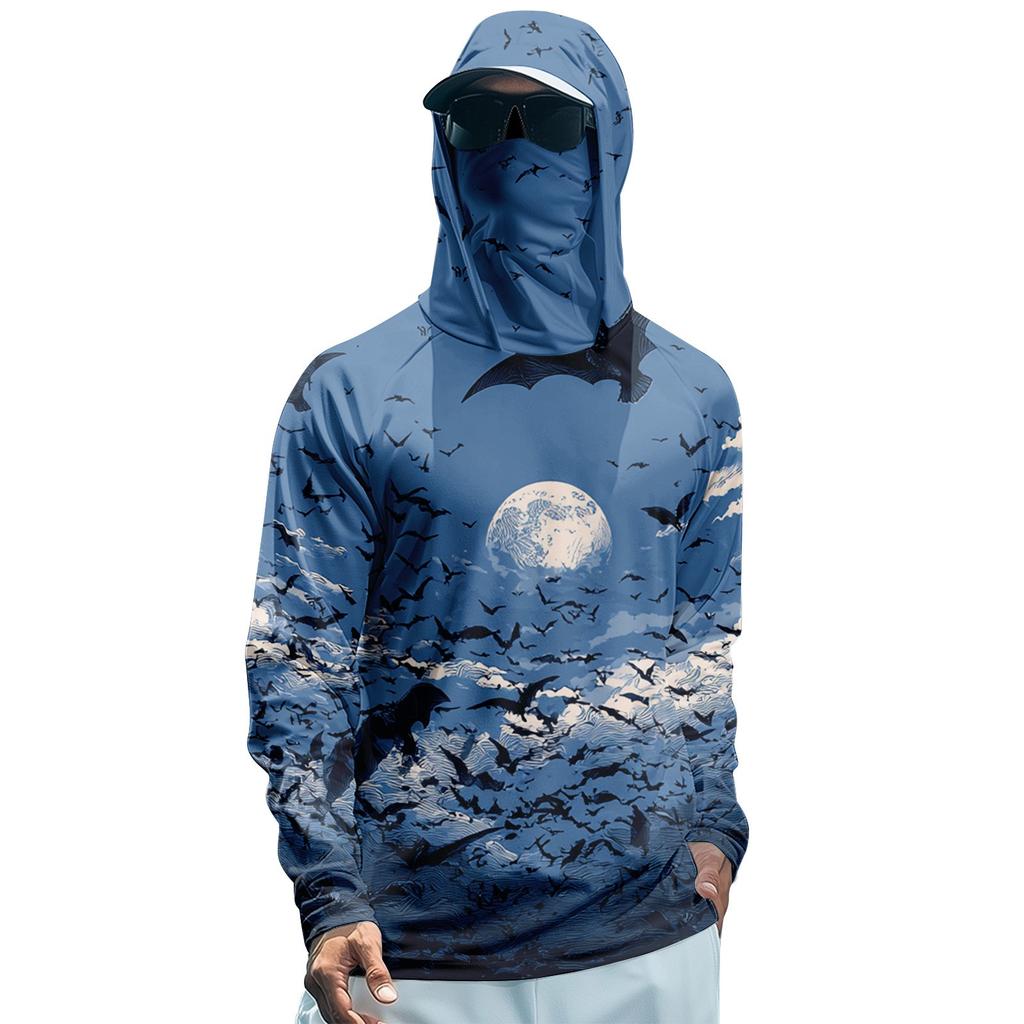 Мужская худи реглан для рыбалки с принтами на Хэллоуин - UPF 50+ УФ защита, длинный рукав, солнцезащитная рубашка с сетчатым козырьком