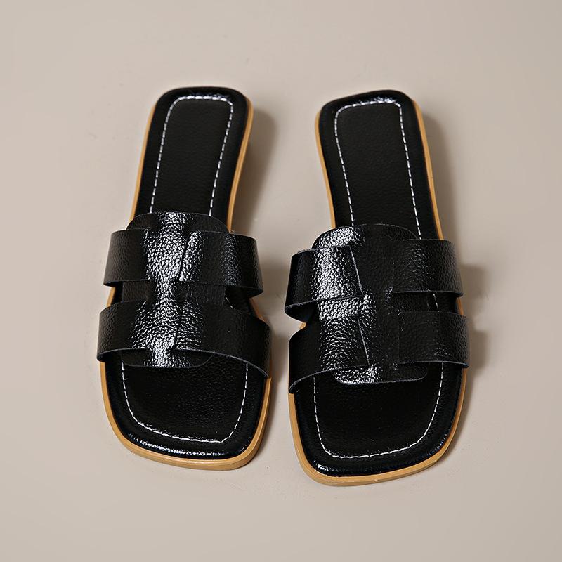 Лето 2025 новые европейские и американские экспортные большого размера шлепанцы на плоской подошве с квадратным носком женские для ленивой носки пляжные крутые шлепанцы