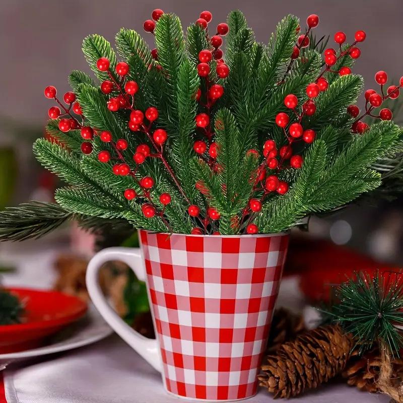 6/12/24 шт. Рождественские сосновые ветки Рождественские искусственные красные ягоды Ветка Рождественские ягоды Декор Искусственные растения Цветы Рождественский декор