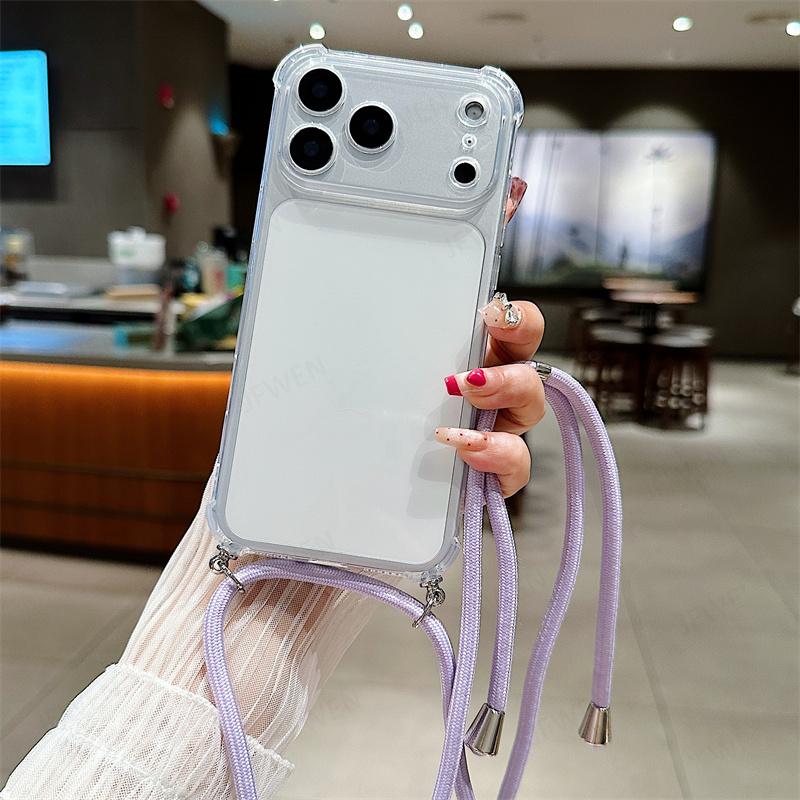Чехол-кошелек на шею с ремешком, противоударный чехол для iphone 17 Air 16 16E 15 14 13 12 11 Pro Max Plus, силиконовый, мягкий ТПУ, прозрачная задняя крышка
