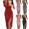 Women Formal Dress Shiny Bright Surface Off Shoulder Sexy Dress Pleated High Waist Lady Split Bodycon Dress for Party Banquet Wedding