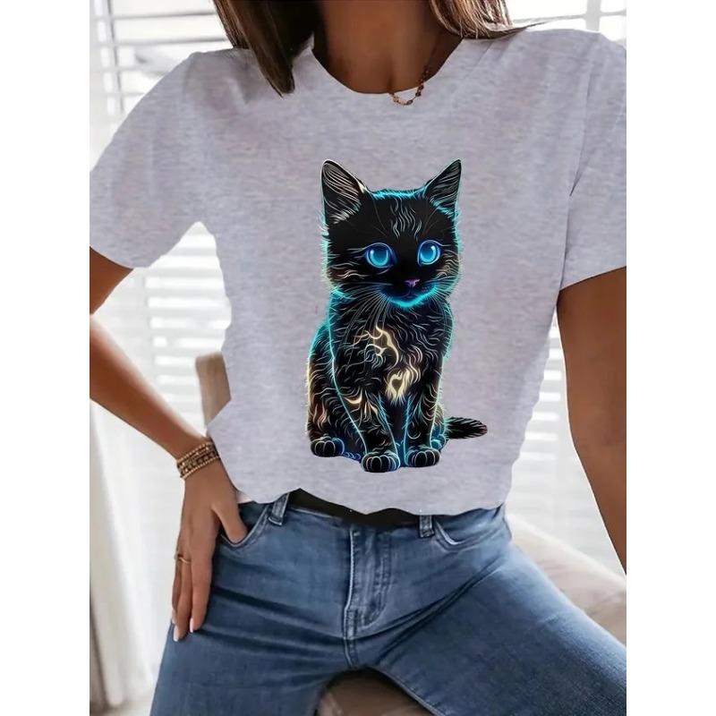 Летний топ с круглым вырезом и принтом 3D Cat, модные повседневные женские футболки с короткими рукавами