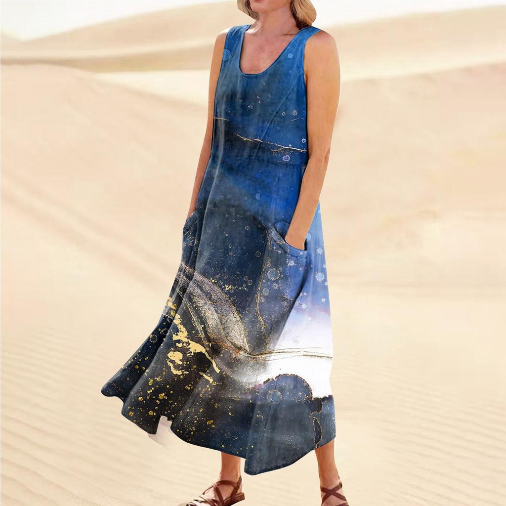 Женское летнее повседневное модное платье без рукавов с карманом и круглым вырезом