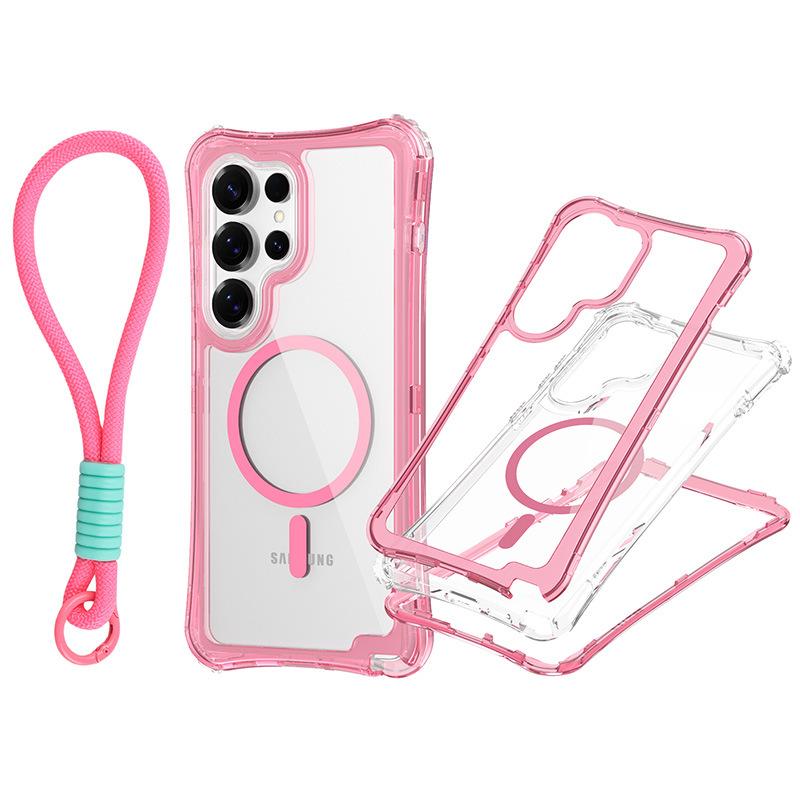 for Samsung S25 Ultra Magnetic Transparent Triple-Function Phone Case with Wrist Strap