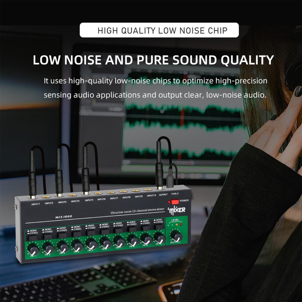 10-канальный аудиомикшер Стерео моно линейный микшер 6,35 мм TRS/TS вход металлический корпус аудио типа C