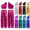 Girls Dance Party Outfit One Shoulder Metallic Cropped Vest Shiny Pants Set for Stage Performances Birthday Events