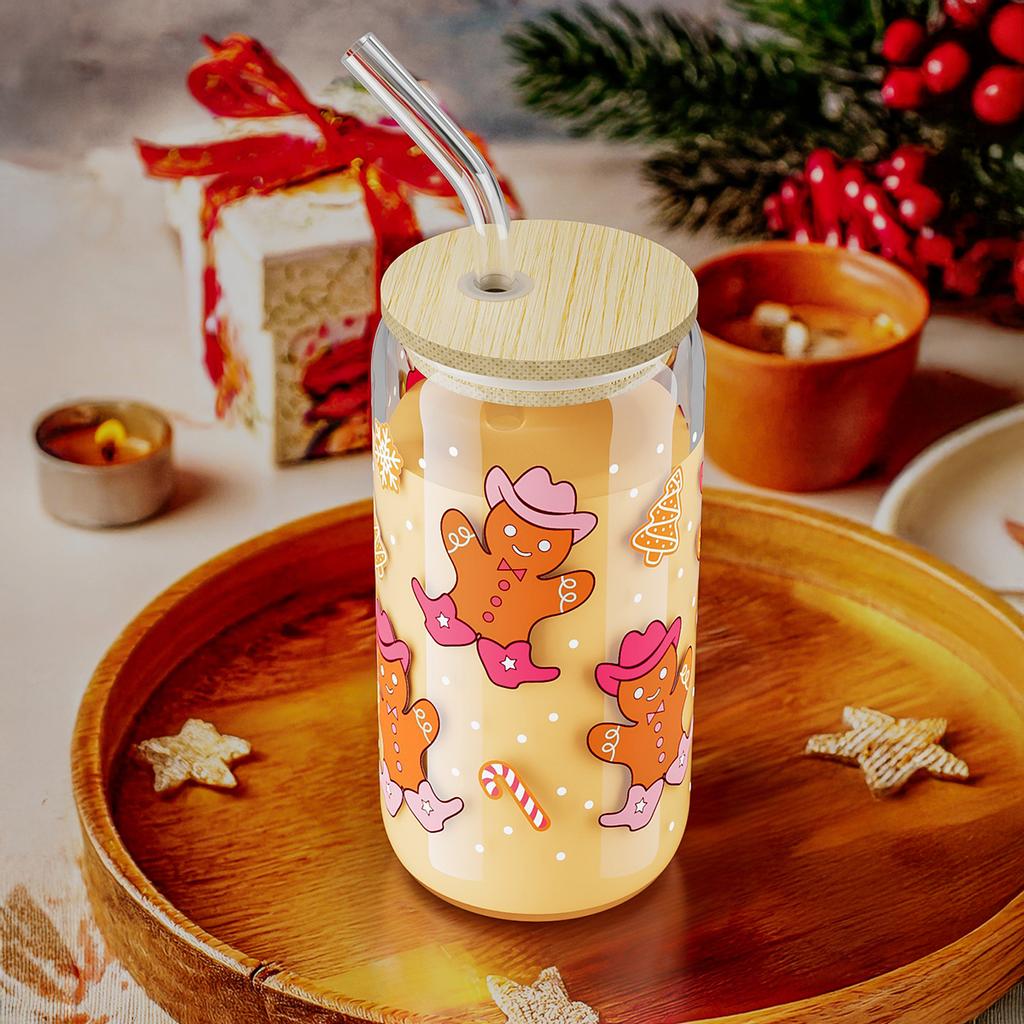 500ml Christmas Glass Cup Xmas Tree High Borosilicate Drinking Glass With Lid&Straw,Brush Juice Coffee Cup Christmas Gifts