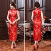 Women Summer Cheongsam Stand Collar Floral Print Hollow Out Split Hem Sleeveless Qipao Slim Fit Retro Chinese Style