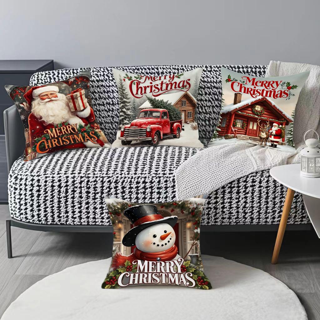 New Christmas Snowman Elk Print Festive Atmosphere Pillow Cover Home Office Car Cushion Cover