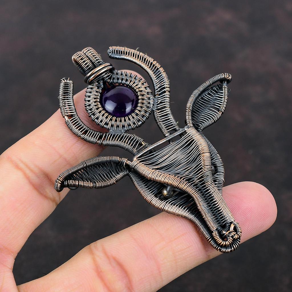 Подвеска из африканского аметиста, обернутая медной проволокой, подвеска в виде коровьей морды, подвеска из драгоценных камней, обернутая проволокой, ювелирные изделия для подарка, медные украшения ручной работы