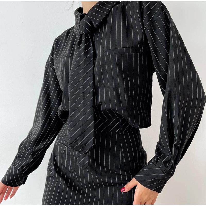 Весна-лето Модный уличный комплект из двух предметов в полоску, женские наряды, элегантная рубашка с длинным рукавом и мини-юбкой с высокой талией, костюм