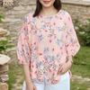 Women Casual Round Neck 3/4 Sleeve Loose Summer Print Blouse