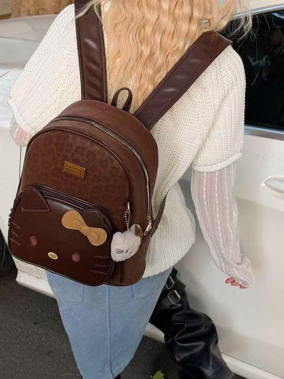 Hello Kitty Cartoon Leopard Print Pu Backpack With Padded Straps For Casual Day Use