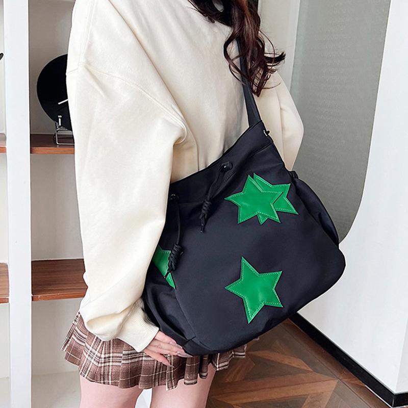 Women Star Nylon Shoulder Bag Drawstring Crossbody Bag Large Capacity Casual Satchel Student Travel Bag