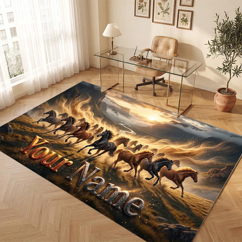 Horse Theme Soft Crystal Velvet Rug Custom Name & Text Print Non Slip Floor Rug for Bedroom Living Room