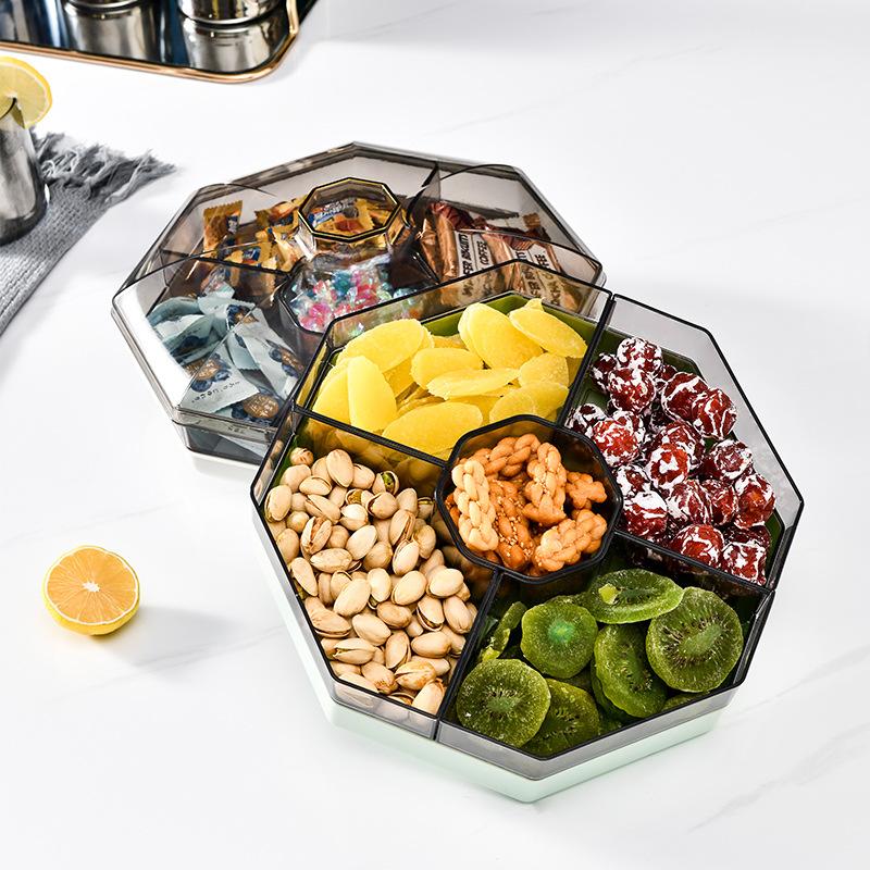 High-end Living Room Coffee Table Candy Nut Snacks Partition Storage Fruit Box Tray Household Double Layer Rotating Dried Fruit with Lid