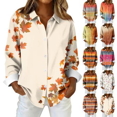 Женская рубашка-блузка с рождественским принтом и пуговицами, длинный рукав, повседневный базовый рубашечный воротник, обычный топ