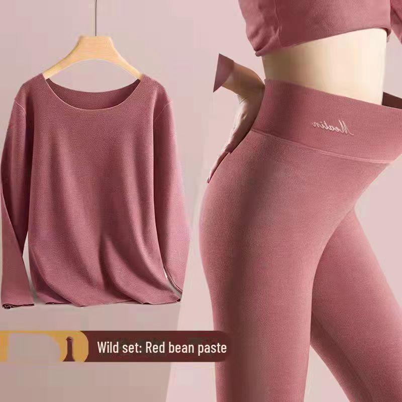 Women's Thickened Velvet Thermal Underwear Suit - Large Size, Round Neck, Self-Heating, Cold-Proof for Autumn/Winter 2023.
