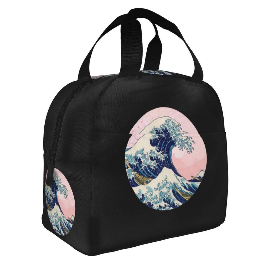 Japanese Waves Retro Pattern Lunch Bags Insulated Bento Box Lunch Tote Leakproof Picnic Bags Thermal Bag for Woman Girl School