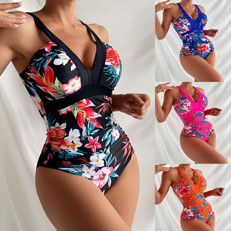 One Piece Women Swimwear Deep V Floral Print Swimsuit