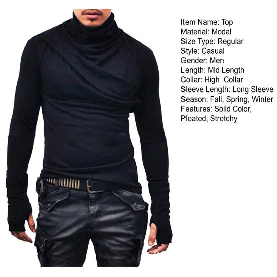 Spring Autumn Men Top Neck Protection High Collar Slim Fit Stretchy Pleated Long Sleeves Pullover