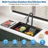 Drop in Single Bowl Bar Sink Black Waterfall Kitchen Sink, Stainless Steel with Cup Rinser, In/Undermount Farmhouse Workstation Multiple Accessories