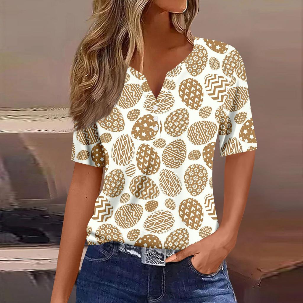 Women's Casual Print V-Neck Short Sleeve Decorative Button T-Shirt Top