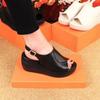 2025 Summer New Real Soft Leather Slope Heel Cool Slippers Women Wear Fashion Internet Celebrity Muffin Thick Bottom One Word Cool Slippers
