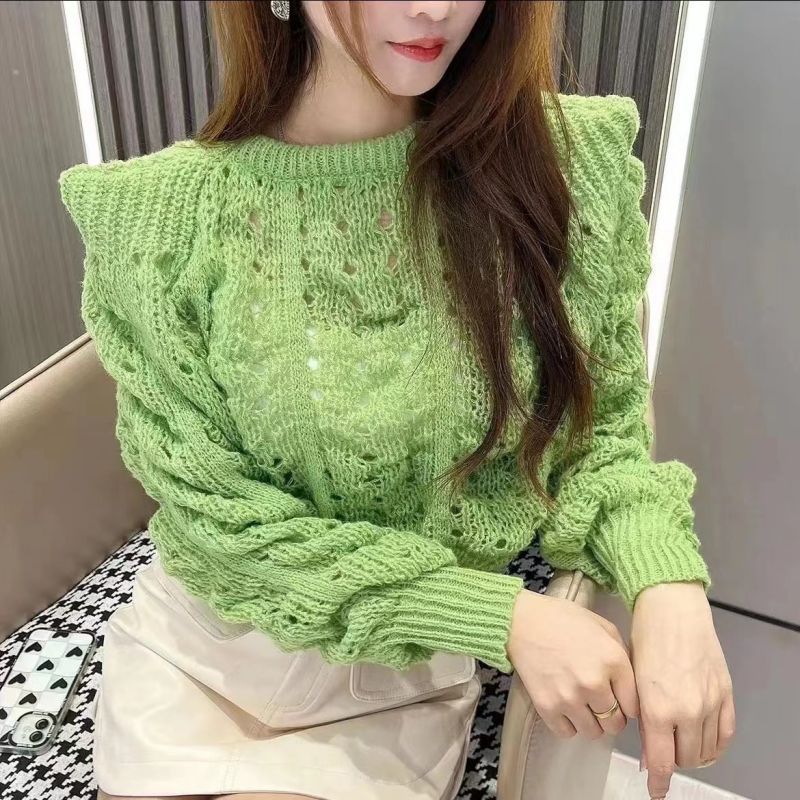French Autumn Sweater Women's Solid Color Round Neck Hollow Knit Sweater Bubble Sleeve Knit Sweater Top Casual Knit Sweater
