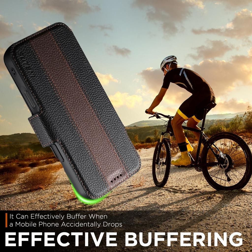 Чехол-книжка для iPhone 17: Слот для карт, Магнитная застежка, Подставка для беспроводной зарядки, Кошелек с цветными блоками, Кожа