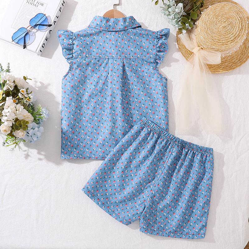 Children's Clothing Girls Suit Summer New Fly-sleeved Printing Short-sleeved Top + Shorts 2pcs