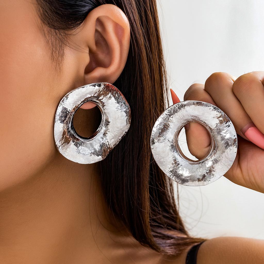 Exaggerated French Disc Metal Earrings, Simple and Irregular Texture Stud Earrings Are Niche