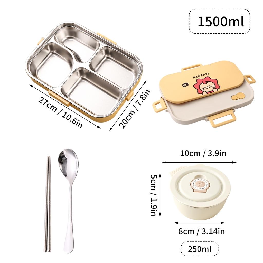 4 Grids Bento Lunch Box With Bowl&Cutlery Microwave 304 Stainless Steel Leak-proof Food Container For Student Adult