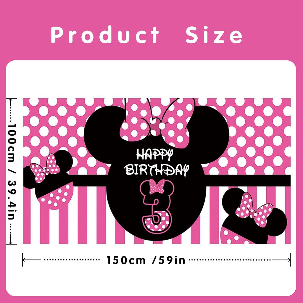 Pink Black Polka Dot Minnie Mouse 3nd Birthday Backdrop for Girls, Happy 3nd Birthday Banner with Bow Stripes, Kids Thir
