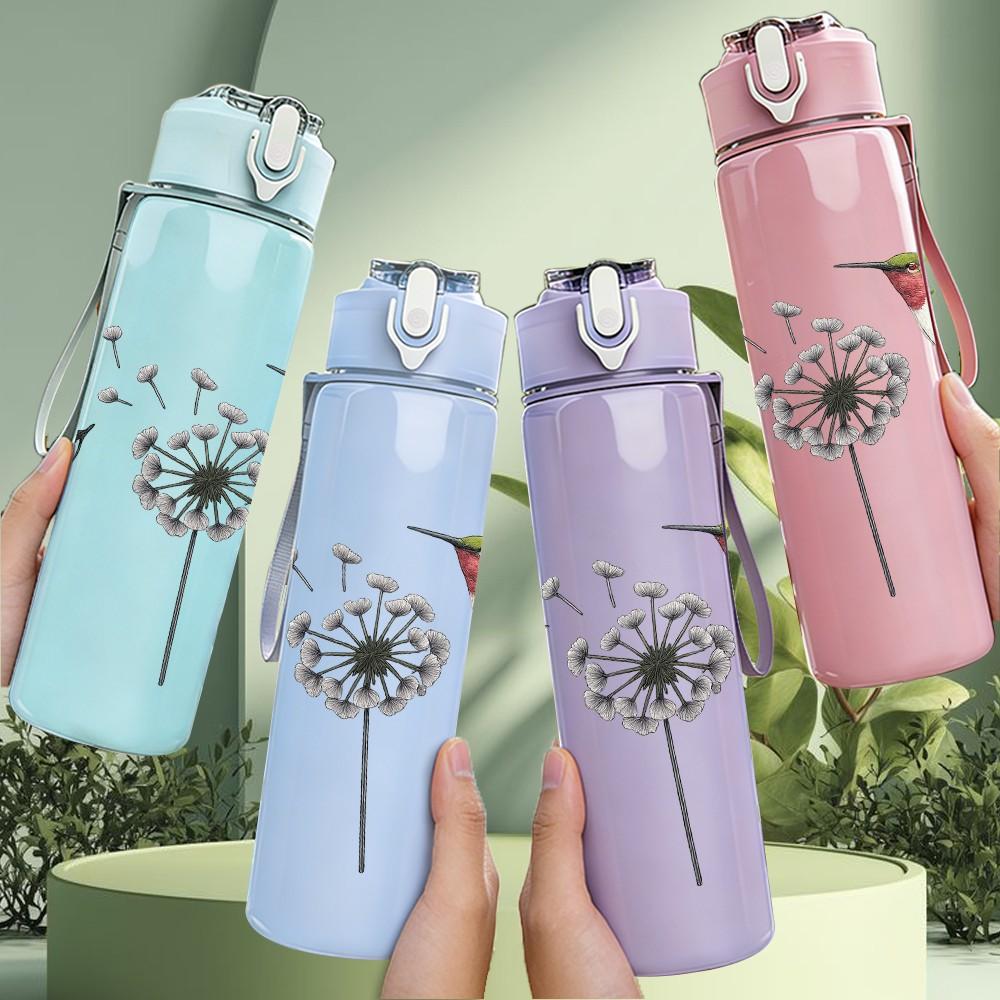 1PC Dandelion Hummingbird Silhouette 750ml Color Plastic Sports Water Bottle Leakproof Flip Straw Lid Suitable for Sports Office Home Use