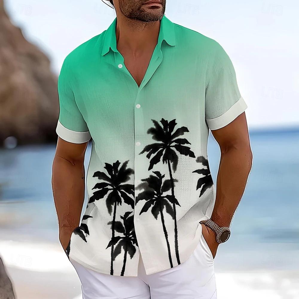 Men's Beach Tree 3D Print Shirt Button Up Shirt Casual Shirt Summer Shirt Short Sleeve Daily Vacation Clothing