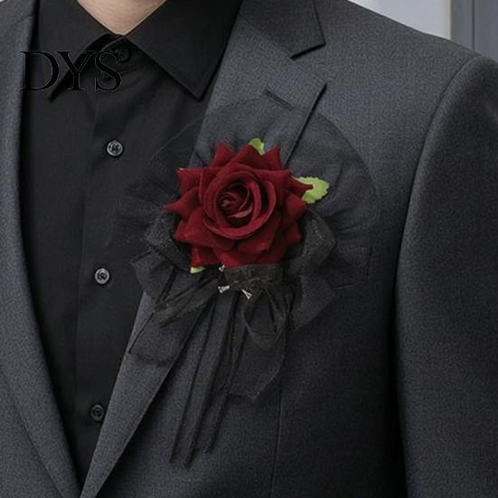 Artificial Rose Hand Flower Black Burgundy Tulle Mesh Corsage for Bridal Groom, Gothic Aesthetic Wristwear Women Boutonniere Wedding, Prom,