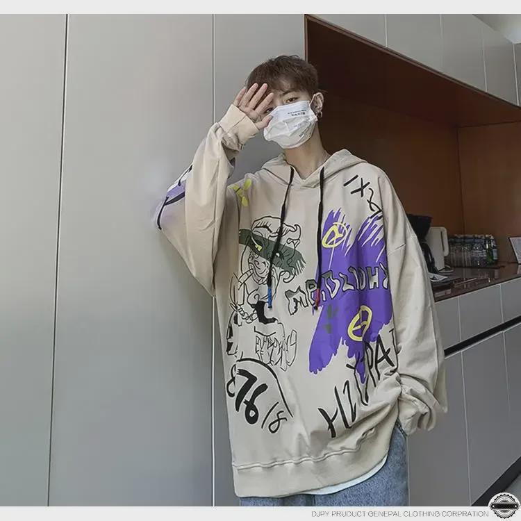 Осень 2024 г. Мужской повседневный свитер с капюшоном в стиле Гонконга с принтом в стиле хип-хоп больших размеров