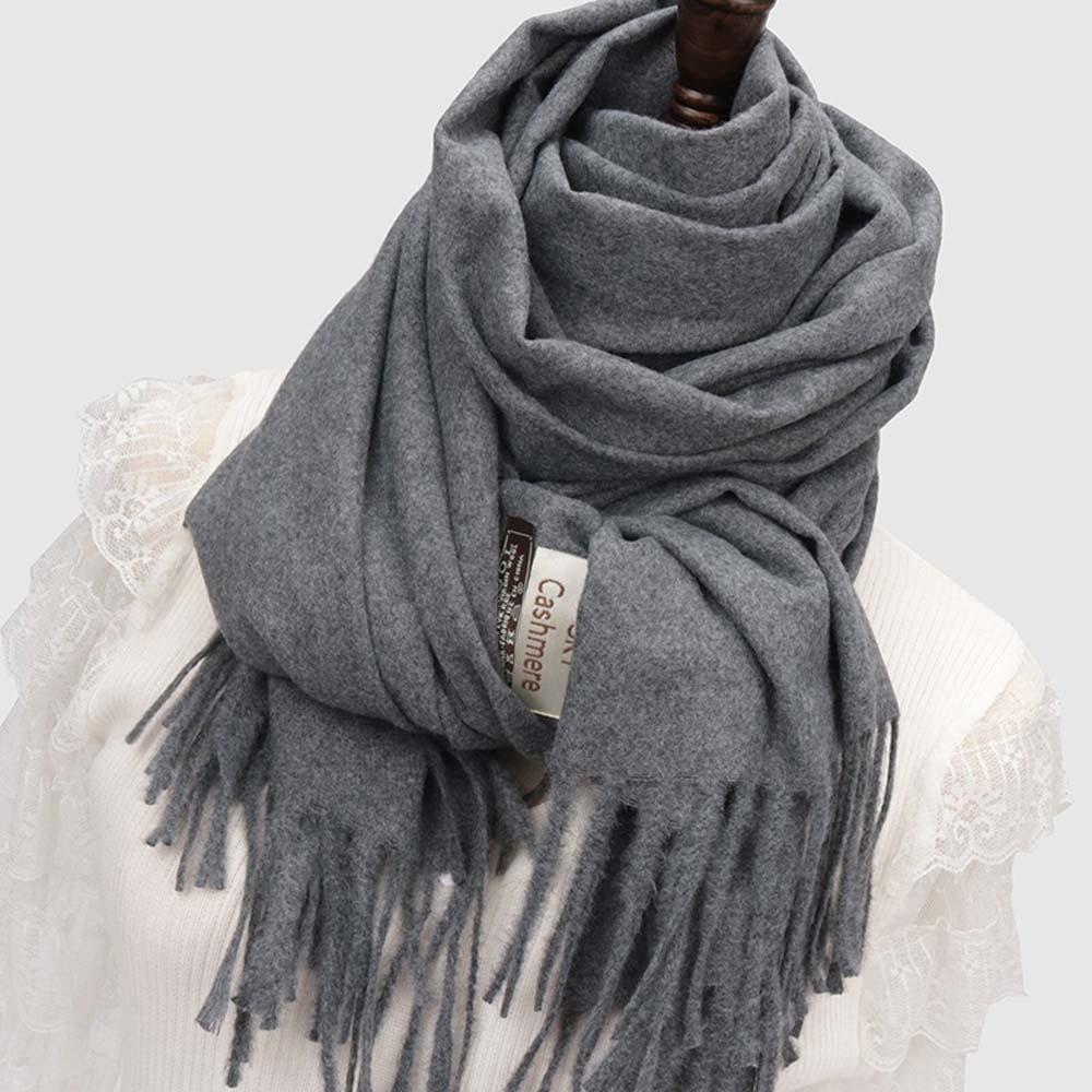 Soft Classic Wool Scarf Windproof Long Neckscarf with Tassel Cold-proof Solid Color Shawl Outdoor