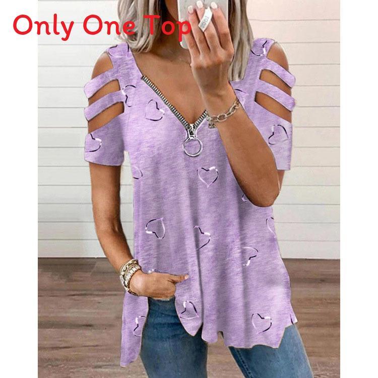 Short Sleeve T Shirt With Zipper Print Cotton Blend For Casual Streetwear
