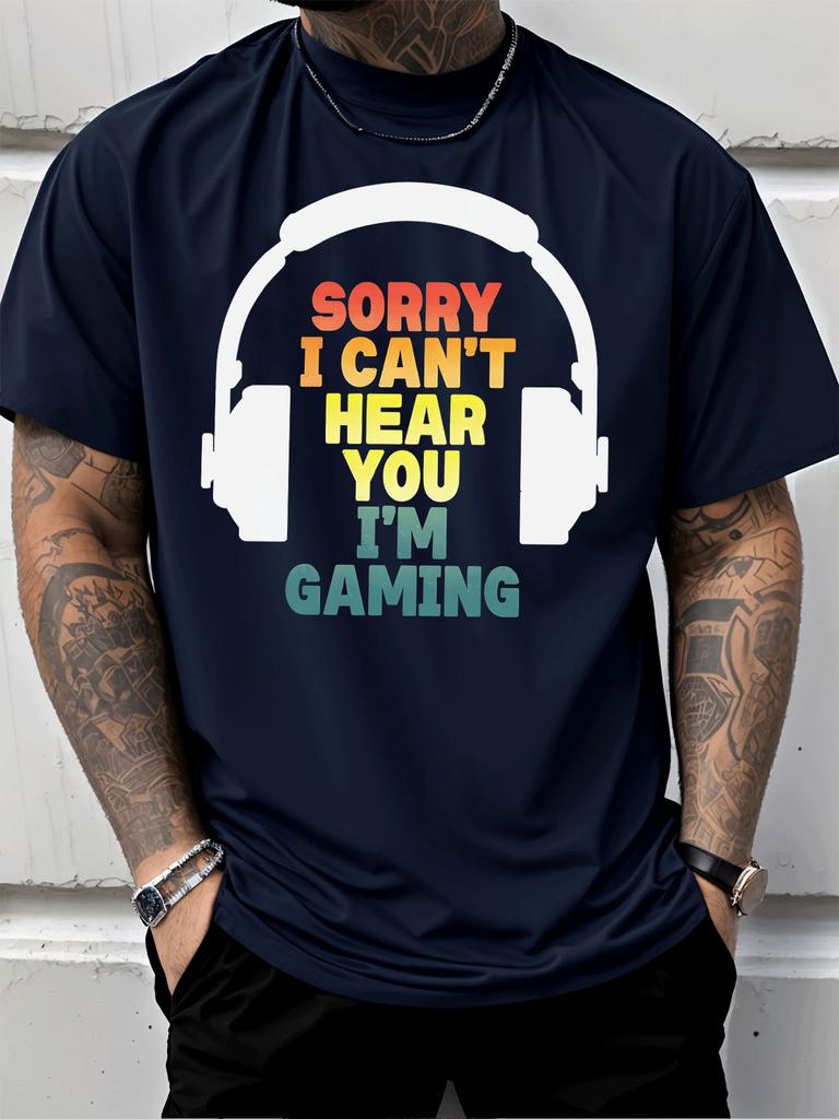Unisex Black Crew Neck Tee Headphone Gaming Letter Print Oversized Short Sleeve Unisexs Summer Streetwear Casual Daily Basic Wear Top